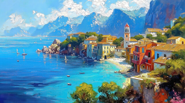 Oil painting of a small town on the Mediterranean Sea, mountains in the background, beautiful summer weather.