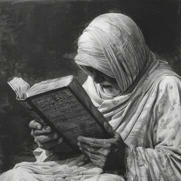 The holy man reading the holy book of the Quran. Black and white.