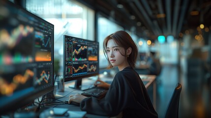 business woman working on a large computer screen ,analyzing financial data	 - obrazy, fototapety, plakaty