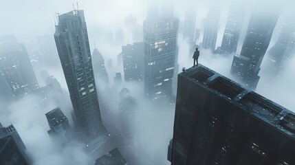 Illustrate a futuristic cityscape with towering skyscrapers engulfed in smog, showcasing a figure standing on the edge of a building, overwhelmed by the bustling metropolis below, in digital photoreal