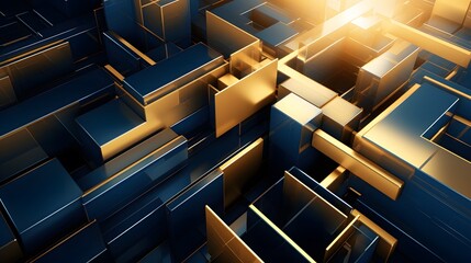 3d rendering of gold and blue abstract geometric background. Scene for advertising, technology,...