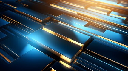 Obraz premium 3d rendering of gold and blue abstract geometric background. Scene for advertising, technology, showcase, banner, game, sport, cosmetic, business, metaverse. Sci-Fi Illustration. Product display