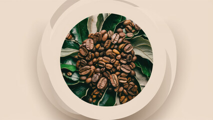 Coffee beans with green leaves to emphasize their freshness