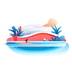 Minimalist UI illustration of Swimming in a flat illustration style on a white background with bright Color scheme, dribbble, flat vector, stock photographic style