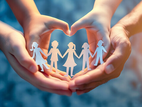 A diverse group of hands, each holding a heart-shaped paper cutout of a family, symbolizing the support and love for foster care and homeless individuals on World Mental Health Day. - Powered by Adobe