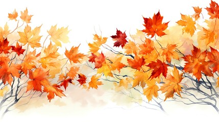 Watercolor of fall foliage, maple and oak leaves in a range of fiery colors, Thanksgiving seasonal backdrop on white