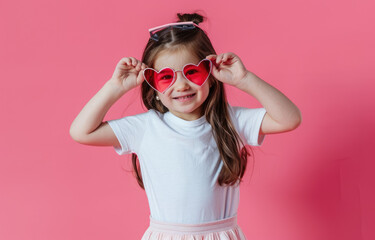 A cute little girl holds heart-shaped glasses on her head against a pink background. She is wearing a white t-shirt and skirt