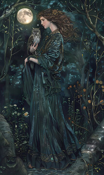 Tarot Card,The High Priestess in a moon background with an owl.vector illustration.