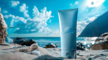 Mock up of sun lotion, sunblock, sunscreen or skin care cosmetic on a beach background.