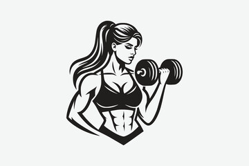 Fitness girl vector silhouette logo with girl lifting a dumbbell, muscle girl