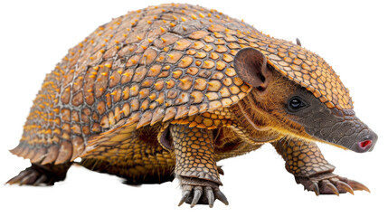 Fototapeta premium Yellow-brown armadillo with textured scales looking to the side on a white background; visible claws and snout.