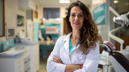 Obraz premium A woman in a white lab coat stands in front of a dental chair. She is smiling and she is proud of her work