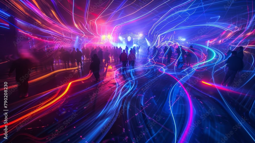 Poster people are dancing and having fun at a nightclub with colorful laser lightshow in the background. th