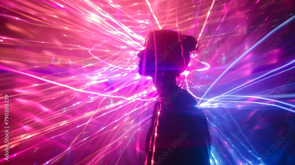 Poster woomen dancing and having fun at a nightclub with colorful laser lightshow in the background. the im