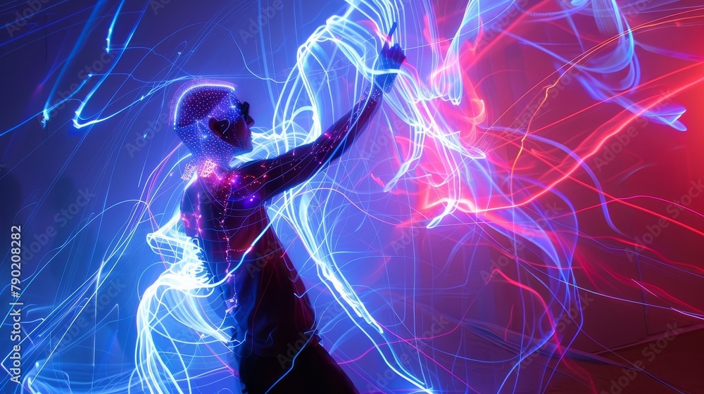Poster man dancing and having fun at a nightclub with colorful laser lightshow in the background. the image