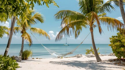 Tranquil Tropical Beach Scene with Swaying Palm Trees,Hammock,and Distant Sailboat on the Horizon