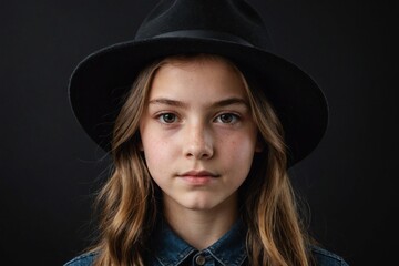 Close-up portrait of teenage girl wearing hat posing against black background