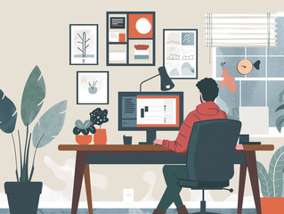 Fototapeta premium Minimalist illustration depicting digital nomads working in a home office