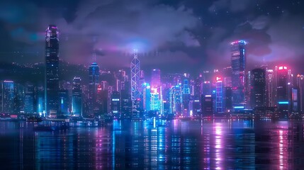 city skyline with colorful neon lights cinematic shot
