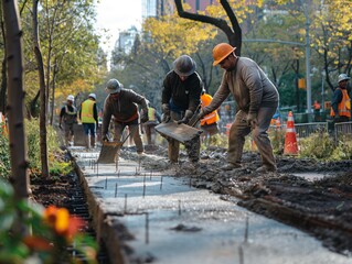 A group of construction workers are laying down concrete on a sidewalk. The workers are wearing hard hats and orange vests