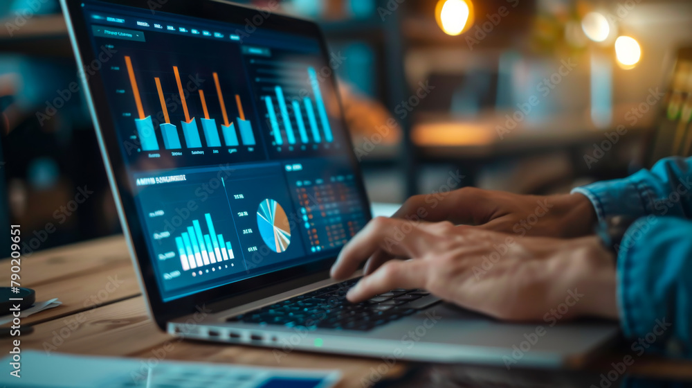 Poster a person is typing on a laptop with a stock market graph on the screen. the person is focused on the