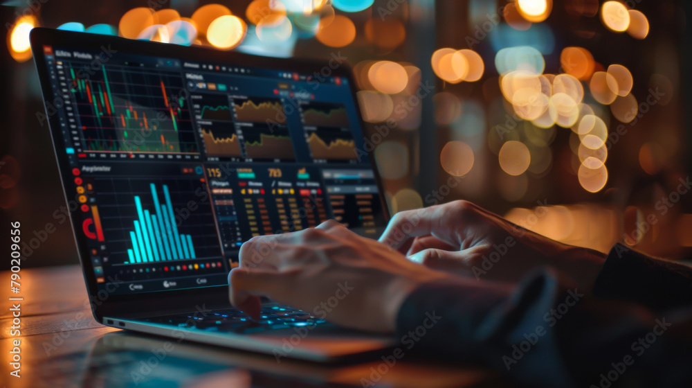 Poster a person is typing on a laptop with a stock market graph on the screen. the person is focused on the