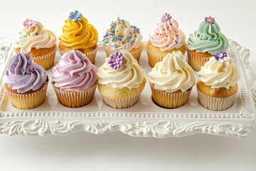 Cupcakes with buttercream frosting on a white plate.