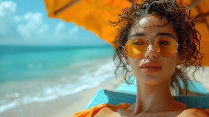 Young office worker lounging on a beach chair under an umbrella, overlooking a tropical beach, wearing sunglasses and casual beach attire - obrazy, fototapety, plakaty