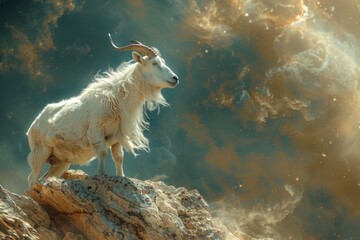 Capricorn ascends the mountain of ambition, scaling the heights of achievement with unwavering determination and resilience. - obrazy, fototapety, plakaty