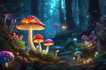 Fototapeta na wymiar Generative AI, Beautiful and awesome neon colorful mushrooms, Magical views of neon colorful mushrooms, Beautiful view of neon colorful mushrooms in the thickets of forest bushes, small neon mushrooms