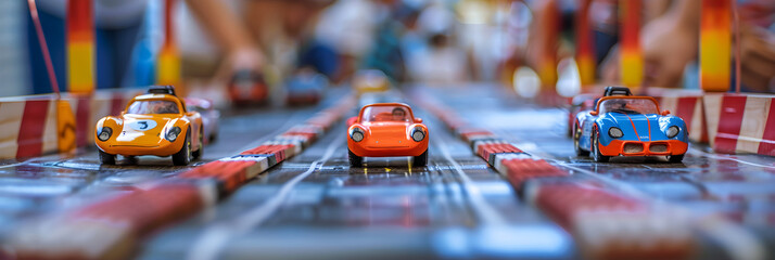 Captivating View of a Pinewood Derby Race in Full Swing: Order, Anticipation, and Excitement - obrazy, fototapety, plakaty