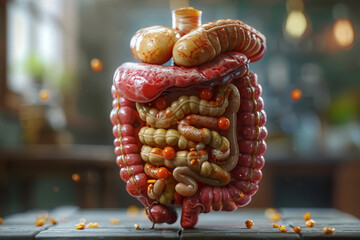  realistic model of human digestive system displayed with detailed intestines, stomach, and other organs on a table