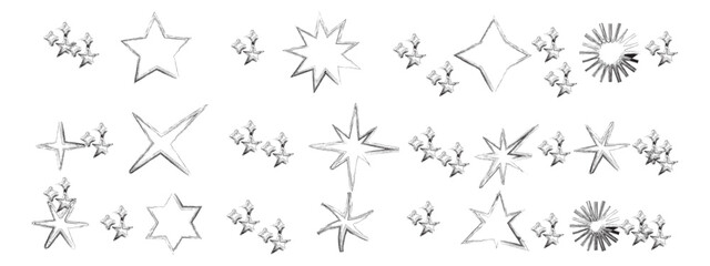 Set of hand drawn vector stars and sparkles, doodle style