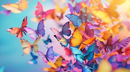 Butterfly background. Multicolored butterflies flying in the sky.