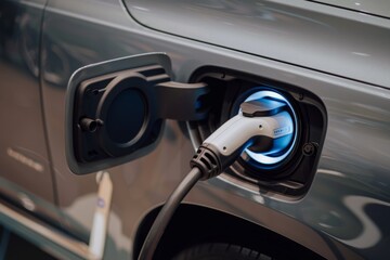 Obraz premium Close-up of an electric car's charging port illuminated in blue, emphasizing the future of automobile technology, Concept of innovation and green transportation