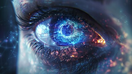 A close-up of a human eye augmented with futuristic digital enhancements, depicting a concept of advanced biotechnology and cybernetic augmentation.