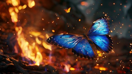 Blue butterfly on the background of a burning fire. close-up
