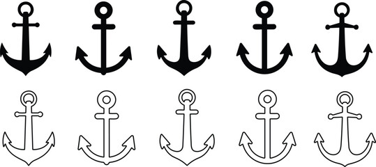 Anchors icons set. Anchor in sea. Nautical symbol. Simple anchor collection flat line style - stock vector