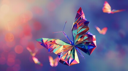 Colorful origami butterfly on colorful bokeh background. Abstract background.