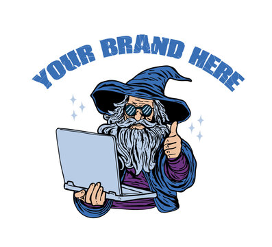 Old Wizard holding laptop vector illustration