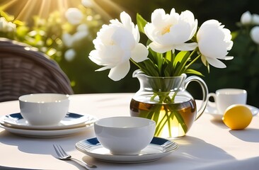 Obraz na płótnie Canvas Image of a beautiful natural breakfast with coffee, glass pitcher, china plate and napkin with gorgeous white peony flowers in a vase outside.
