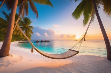 Romantic tropical beach scenery. Colorful dreams, sea sky, hammock on coconut palms. Luxury vacation, destination honeymoon concept. Exotic travel, relaxing world by the sea - obrazy, fototapety, plakaty