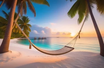 Foto op Canvas Romantic tropical beach scenery. Colorful dreams, sea sky, hammock on coconut palms. Luxury vacation, destination honeymoon concept. Exotic travel, relaxing world by the sea © Ana River