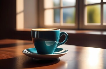 Obraz premium Espresso coffee cup on table near window with morning light