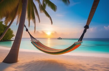 Romantic tropical beach scenery. Colorful dreams, sea sky, hammock on coconut palms. Luxury vacation, destination honeymoon concept. Exotic travel, relaxing world by the sea - obrazy, fototapety, plakaty