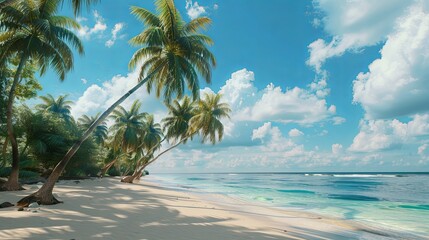 The seaside beach has coconut trees