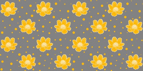 Seamless floral pattern adonis line graphic spring summer cute romantic contour yellow grey neutral brown pastel dots flowers simple minimal print fabric surface - obrazy, fototapety, plakaty
