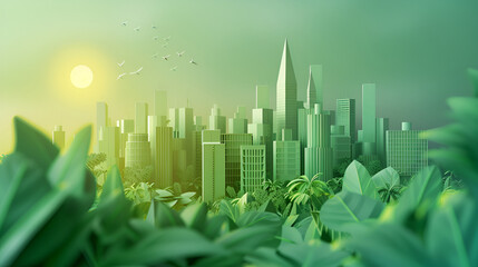 Green tea plant and cityscape background ,Model City Surrounded by Trees, 3D illustration of a modern city built with eco  friendly construction materials