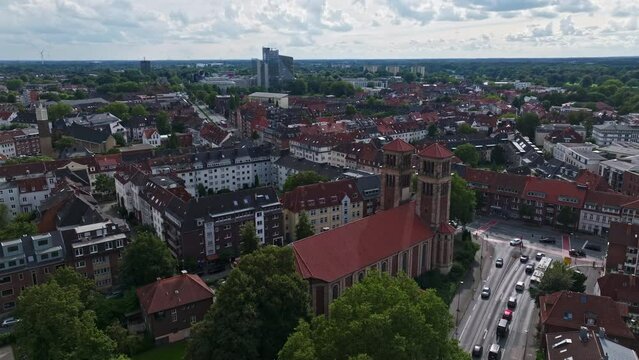 Aerial drone view of St. Antonius church in M&uuml;nster , Germany . 