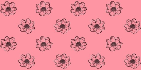 Seamless floral pattern adonis line graphic spring summer cute romantic contour pink minimal simple black flowers dots - obrazy, fototapety, plakaty